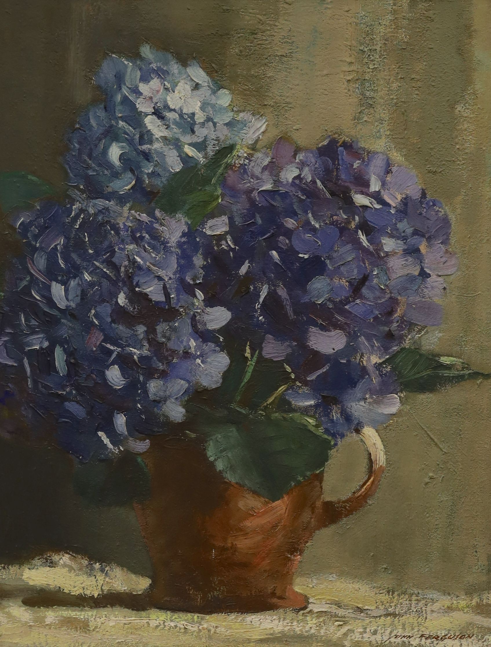 John Kenneth Ferguson (South African, 1885-1967), oil on canvas, Still life of hydrangea in a pottery jug, signed, 50 x 40cm